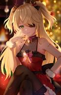 1girl alternate_costume alternate_outfit arm_up bangs bell bent_knees black_choker black_legwear black_thighhighs blonde_hair blurry blurry_background bows_(fashion) breasts choker christmas christmas_lights christmas_ornament christmas_outfit christmas_tree commentary costume crossed_legs dress eyepatch fanart fanart_from_pixiv female fischl fischl_(genshin_impact) fishnets garter_belt genshin_impact green_eyes hair_between_eyes hair_bow hair_ornament hair_over_one_eye hand_on_hip hand_on_own_hip highres indoors long_hair looking_at_viewer nasii neck_bell pink_ribbon pixiv red_dress revision ribbon room sensitive sitting small_breasts smile solo straps thigh-highs thigh_highs thighhighs tree twintails two-side-up two_side_up // 1357x2098 // 521.9KB