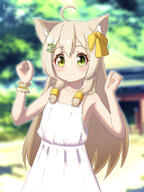 1girl absurdres ahoge animal_ear_fluff animal_ears artist_name bangs bare_shoulders blurry blurry_background blush bow brown_hair cat_ears cat_girl clenched_hands closed_mouth collarbone commentary_request day dress female_focus fish_hair_ornament flat_chest general green_background green_eyes hair_bow hair_ornament hairclip hands_up happy hazakura_hinata heterochromia highres long_hair looking_at_viewer original outdoors shiny shiny_hair sidelocks signature sleeveless sleeveless_dress smile solo spaghetti_strap split_mouth standing upper_body white_dress yellow_bow yellow_eyes // 1860x2483 // 2.9MB