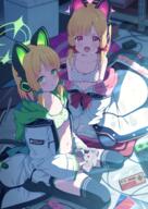 2girls angel animal_ear_headphones animal_ears bangs black_thighhighs blonde_hair blue_archive blunt_bangs blush bow bow_bra bra breasts cat_ear_headphones collarbone commentary controller d expressionless fake_animal_ears famicom_gamepad game_controller green_bra green_eyes hair_bow halo headphones highres holding holding_controller holding_game_controller hood hooded_jacket indoors jacket loli looking_at_viewer midori_(blue_archive) miso_(misomiso_154) momoi_(blue_archive) multiple_girls nekomimi nintendo_64_controller nintendo_switch open_clothes open_jacket open_mouth open_shirt pantsu parted_lips pink_bra pink_eyes polka_dot polka_dot_bra questionable saiba_midori saiba_momoi seiza sensitive shade short_hair siblings sisters sitting small_breasts smile tail thighhighs training_bra twins underwear v-shaped_eyebrows みそ // 1654x2339 // 6.0MB
