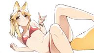 1girl animal_ear_fluff animal_ears ariyoshi_gen armpit_crease bare_shoulders bikini blonde_hair blush bracelet closed_mouth commentary_request convenient_leg feet_out_of_frame flat_chest foreshortening fox_ears fox_girl fox_shadow_puppet fox_tail front-tie_bikini_top front-tie_top halterneck hand_up highres jewellery jewelry knees_up looking_at_viewer lying medium_hair navel on_side original ponytail red_bikini safe sensitive short_eyebrows simple_background smile solo swimsuit tail white_background yellow_eyes yue-chan // 1728x972 // 398.9KB