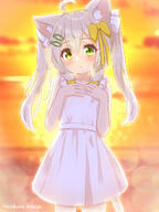 1girl absurdres ahoge animal_ear_fluff animal_ears artist_name backlighting bangs bare_shoulders blurry blurry_background blush bokeh bow cat_ears cat_girl cat_tail cloud clouds collarbone commentary_request cowboy_shot depth_of_field dress female_focus fish_hair_ornament flat_chest frilled_dress frills general green_eyes hair_between_eyes hair_bow hair_ornament hair_ribbon hairclip hands_on_own_chest hands_up hazakura_hinata heterochromia highres horizon long_hair looking_at_viewer open_mouth orange_background orange_sky original outdoors own_hands_together ribbon shiny shiny_hair sidelocks signature sky sleeveless sleeveless_dress solo standing sunset tail twintails white_dress white_ribbon yellow_bow yellow_eyes // 2400x3200 // 9.3MB