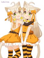 2girls ahoge animal_ear_fluff animal_ears artist_name back backless_dress backless_outfit bangs bare_shoulders black_choker black_gloves blush bow brown_hair buttons cat_ears cat_girl cat_tail choker dress elbow_gloves fang female_focus fish_hair_ornament flat_chest frilled_dress frilled_gloves frills from_behind gloves green_eyes hair_bow hair_ornament hairclip happy hazakura_hinata heterochromia highres hug long_hair looking_at_viewer looking_back multiple_girls open_mouth orange_bow orange_choker orange_dress orange_pantyhose orange_thighhighs original own_hands_together pantyhose puffy_short_sleeves puffy_sleeves sensitive shiny shiny_hair short_dress short_hair short_sleeves siblings sidelocks signature sisters skin_fang skindentation smile standing strapless strapless_dress striped striped_pantyhose striped_thighhighs sweat tail thighhighs thighs twins v_arms white_gloves yellow_eyes zettai_ryouiki // 1536x2048 // 657.7KB
