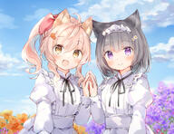 2girls ahoge alternate_costume animal_ear_fluff animal_ears apron bangs black_hair black_ribbon blouse blue_sky blush bow brown_eyes brown_flower closed_mouth cloud clouds commentary_request d day enmaided eyebrows_visible_through_hair flower hair_between_eyes hair_bow hair_flower hair_ornament juliet_sleeves komugi_(wataame27) long_sleeves maid maid_day maid_headdress multiple_girls neck_ribbon open_mouth orange_flower original outdoors pink_hair puffy_sleeves purple_eyes purple_flower red_bow ribbon sensitive shirt short_hair side_ponytail skirt sky smile violet_eyes wataame27 white_apron white_flower white_shirt white_skirt wolf-chan_(wataame27) wolf_ears // 752x581 // 367.3KB