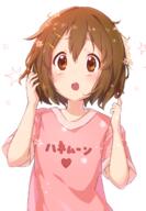 1girl atu blush brown_eyes brown_hair casual commentary_request eyebrows_visible_through_hair hair_between_eyes hair_ornament hairclip hand_in_hair heart highres hirasawa_yui k-on! looking_at_viewer messy_hair open_mouth pink_shirt playing_with_own_hair safe shirt short_hair short_sleeves signature simple_background solo standing star_(symbol) sweat white_background // 930x1347 // 758.0KB