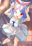 1girl ;d animal_ears arms_up blue_footwear blue_hair blue_ribbon blush breasts carrot_hair_ornament chinomaron collarbone commentary_request day dress feet_out_of_frame food-themed_hair_ornament hair_ornament hair_ribbon highres hololive indoors looking_at_viewer medium_breasts one_eye_closed open_mouth puffy_short_sleeves puffy_sleeves rabbit_ears red_eyes ribbon safe shoes short_sleeves signature smile solo standing sunlight two_side_up usada_pekora virtual_youtuber white_dress wooden_floor // 1061x1500 // 1023.5KB