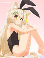 1girl absurdres animal_ear_fluff animal_ears artist_name bangs bare_shoulders barefoot black_hair_ornament black_hairband black_leotard blush bow brown_hair bunny_ears cat_ears cat_girl cat_tail closed_mouth clothing fake_animal_ears feet female female_focus fish_hair_ornament flat_chest from_side gradient gradient_background green_eyes hair_bow hair_ornament hairband hairclip hand_on_own_knee hands_up hazakura_hinata heterochromia high_resolution highres hugging_own_legs in_profile knees_up large_filesize legs leotard long_hair looking_at_viewer nervous original outline pettanko pink_background playboy_bunny questionable rabbit_ears safe sensitive shiny shiny_hair sidelocks signature simple_background sitting solo split_mouth strapless strapless_leotard sweat tail thighs useless_tags very_high_resolution white_outline yellow_bow yellow_eyes // 2642x3529 // 5.8MB