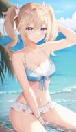1girl alternate_costume barbara_(genshin_impact) bare_arms bare_shoulders beach bikini blonde_hair blue_bikini blue_eyes blush breasts closed_mouth commentary_request flower genshin_impact hair_flower hair_ornament highres medium_breasts nasii navel ocean safe sensitive smile solo stomach swimsuit swimsuits twintails wet // 1053x1814 // 2.6MB