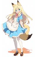 1girl ai-generated alice_(alice_in_wonderland) alice_(alice_in_wonderland)_(cosplay) alice_(wonderland) alice_in_wonderland animal_ear_fluff animal_ears apron blonde_hair blue_dress blue_eyes blush bow bowtie brown_footwear center_frills character_request clothes_lift colored_shadow copyright_request cosplay dress dress_lift eyebrows_visible_through_hair flat_chest floating_hair fox26krystal21 fox_ears fox_girl fox_tail frilled_dress frills full_body general hair_over_shoulder highres lifted_by_self long_hair looking_at_viewer mary_janes metadata_request model_request open_mouth over-kneehighs puffy_short_sleeves puffy_sleeves red_bow red_bowtie safe shadow shoes short_sleeves simple_background solo standing tail thighhighs waist_apron white_apron white_background white_thighhighs yellow_tail // 864x1408 // 129.1KB