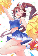 1girl animal_ears arm_up armpits bare_shoulders blue_eyes blue_shirt blue_skirt bow breasts cheerleader commentary_request confetti ear_ornament foot_out_of_frame hair_between_eyes highres holding holding_pom_poms horse_ears horse_girl horse_tail long_hair medium_breasts midriff nabe_puyo nabe_saori navel one_eye_closed open_mouth pink_bow pleated_skirt pom_pom_(cheerleading) pom_poms ponytail red_footwear sensitive shirt shoes simple_background skirt sleeveless sleeveless_shirt smile sneakers socks solo tail tokai_teio_(umamusume) uma_musume_pretty_derby umamusume very_long_hair white_background white_socks // 1489x2183 // 2.7MB