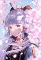 1girl absurdres armor ayaka_(genshin_impact) blue_eyes blue_hair blue_jacket blue_sky blurry blurry_foreground branch breastplate cherry_blossom clavicle cleavage closed_mouth clothing collarbone commentary day depth_of_field dress fanart fanart_from_pixiv female flower genshin_impact hair_ornament high_resolution highres jacket jewelry kamisato_ayaka large_filesize long_hair mole nasii necklace open_clothes open_jacket outdoors petals pink_flower pixiv ponytail revision s safe sankaku sensitive sky smile solo sunbeam upper_body useless_tags very_high_resolution // 1810x2606 // 5.8MB