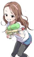 1girl absurdres black_legwear black_pantyhose blue_shorts blush brown_eyes brown_hair clavicle clothing collarbone female forehead general grin hairband high_resolution highres holding holding_water_gun idolmaster idolmaster_(classic) idolmaster_million_live! idolmaster_million_live!_theater_days legwear long_hair looking_at_viewer minase_iori open_mouth pantyhose pigeon-toed pigeon_toed questionable shirt short_sleeves shorts simple_background smile solo standing very_high_resolution water_gun wet white_background white_shirt yamamoto_souichirou // 2438x4096 // 672.7KB