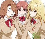 3girls artist_name blazer blonde_hair blush bow bowtie braid breast_pocket breasts bright_pupils brown_eyes brown_hair brown_jacket collared_shirt commentary_request crossed_arms emblem face_grab general girl_sandwich gloves hair_intakes hair_over_one_eye hand_on_another's_cheek hand_on_another's_face highres jacket kamino_(toaru_kagaku_no_mental_out) large_breasts leaning_on_person long_hair long_sleeves looking_at_viewer mac-v medium_breasts multiple_girls open_mouth parted_bangs pocket purple_eyes red_bow red_bowtie ribbon sandwiched school_emblem school_uniform shirai_kuroko shirt shokuhou_misaki signature simple_background small_breasts smile square_pupils star-shaped_pupils star_(symbol) swept_bangs symbol-shaped_pupils toaru_kagaku_no_mental_out toaru_kagaku_no_railgun toaru_majutsu_no_index tokiwadai_school_uniform twintails unhappy wavy_mouth white_background white_gloves white_pupils white_ribbon winter_uniform yellow_eyes // 1662x1436 // 357.2KB