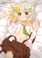 1girl ? absurdres ahoge animal_ear_fluff animal_ears artist_name bangs bed_sheet blonde_hair blush bow brown_skirt buttons cat_ears cat_girl cat_tail clenched_hands clothing cowboy_shot female female_focus fish_hair_ornament flat_chest from_above green_eyes green_necktie green_neckwear hair_bow hair_ornament hairclip hands_up hazakura_hinata high_resolution highres loli long_sleeves looking_at_viewer loose_necktie lying miniskirt navel necktie on_back open_clothes open_mouth open_shirt original pettanko plaid plaid_skirt pleated_skirt questionable shiny shiny_hair shiny_skin shirt short_hair sidelocks signature simple_background skirt solo speech_bubble spoken_question_mark stomach suspender_skirt suspenders suspenders_slip tail unmoving_pattern very_high_resolution viewed_from_above white_background white_shirt yellow_bow yellow_eyes // 2398x3305 // 4.8MB