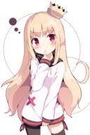1_female absurd_resolution bangs blonde_hair blush crown eyebrows eyebrows_visible_through_hair female finger_to_mouth high_resolution long_hair looking_at_viewer masaki_(machisora) mini_crown mismatched_legwear original red_eyes simple_background single_thighhigh solo thigh-highs thighhighs white_background // 2354x3524 // 1.6MB