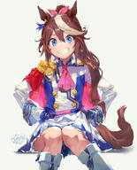 1girl absurdres animal_ears ascot asymmetrical_gloves black_gloves blue_eyes blue_jacket boots brown_hair buttons cape clothing double-breasted ear_piercing epaulettes female footwear general gloves grin hair_flaps high_ponytail high_resolution highres horse_ears horse_girl horse_tail jacket knee_boots long_hair long_sleeves miniskirt mismatched_gloves multicolored_clothes multicolored_hair multicolored_jacket piercing pink_ascot pleated_skirt ponytail questionable red_cape simple_background single_epaulette sitting skirt smile solo streaked_hair tagme tail tied_hair tokai_teio_(uma_musume) tokai_teio_(umamusume) two-tone_hair two-tone_jacket two-tone_skirt uma_musume_-_pretty_derby uma_musume_pretty_derby umamusume uniform very_high_resolution white_background white_footwear white_gloves white_hair white_jacket white_skirt yanyo_(ogino_atsuki) // 2500x3100 // 698.1KB
