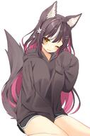 1girl animal_ear_fluff animal_ears bad_id bad_twitter_id black_hoodie blush brown_hair chisaka_airi collarbone commentary commission diamond-shaped_pupils diamond_(shape) dolphin_shorts drooling flower general hair_flower hair_ornament hairclip highres hood hoodie multicolored_hair one_eye_closed phase_connect pink_hair sentouryoku_5 shorts simple_background sitting skeb_commission sleeves_past_fingers sleeves_past_wrists solo streaked_hair symbol-shaped_pupils tail thighs very_long_sleeves virtual_youtuber waking_up wariza white_background wolf_ears wolf_girl wolf_tail // 1356x2048 // 217.6KB
